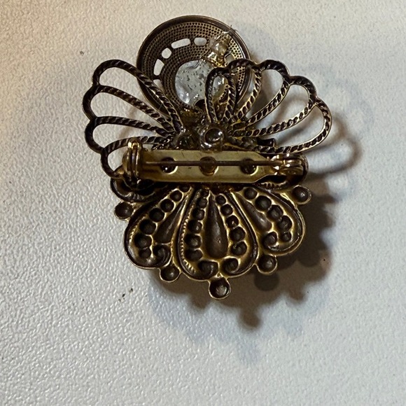 Vintage Gold Tone Brooch with Rhinestone Center & US Seal Button - Picture 2 of 3